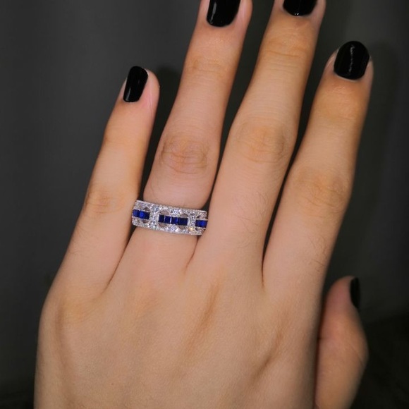 Italo Blue Sapphire Ring Rope Through The Hole Unique Wedding Band - Picture 7 of 11